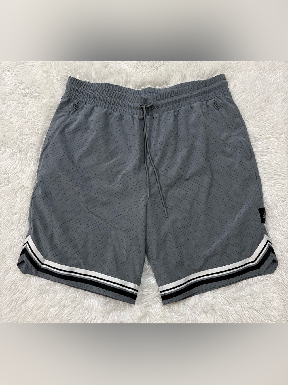 ALO Yoga Men's Charcoal Athletic Mesh Shorts with Black and White Stripe
